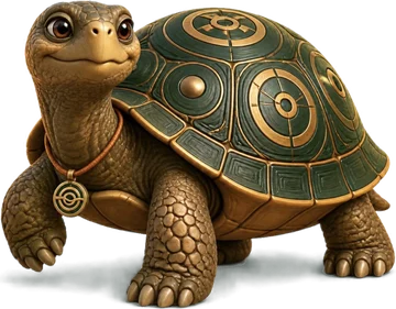 The StillSpoke spirit animal: a tortoise with a green and gold handpan shell and a StillSpoke medallion